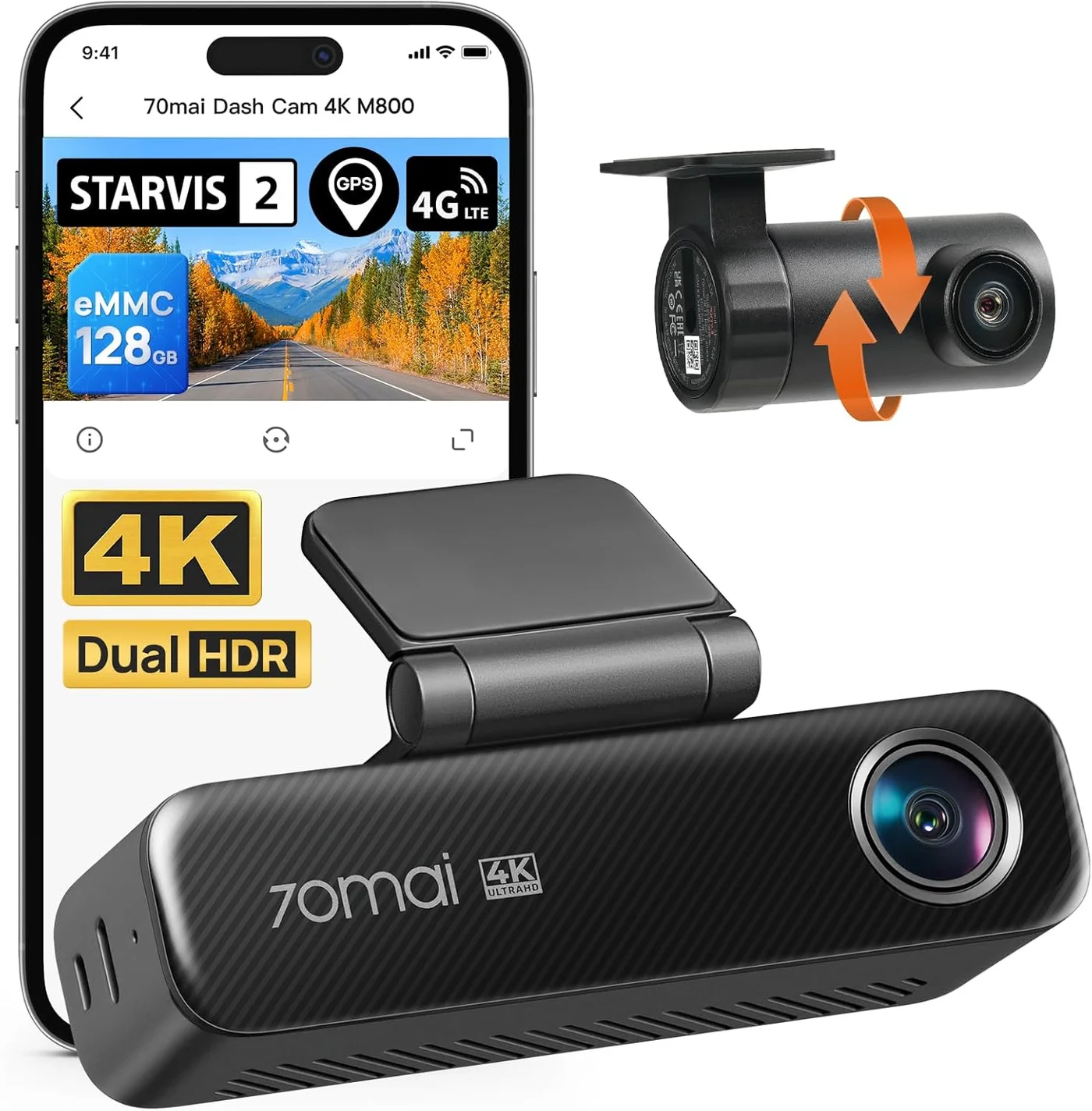 Premium 4K Dual Dash Cam System with Front and Rear Recording, STARVIS 2 Night Vision, GPS, 4G LTE Connectivity and 128GB Storage 1w2m1