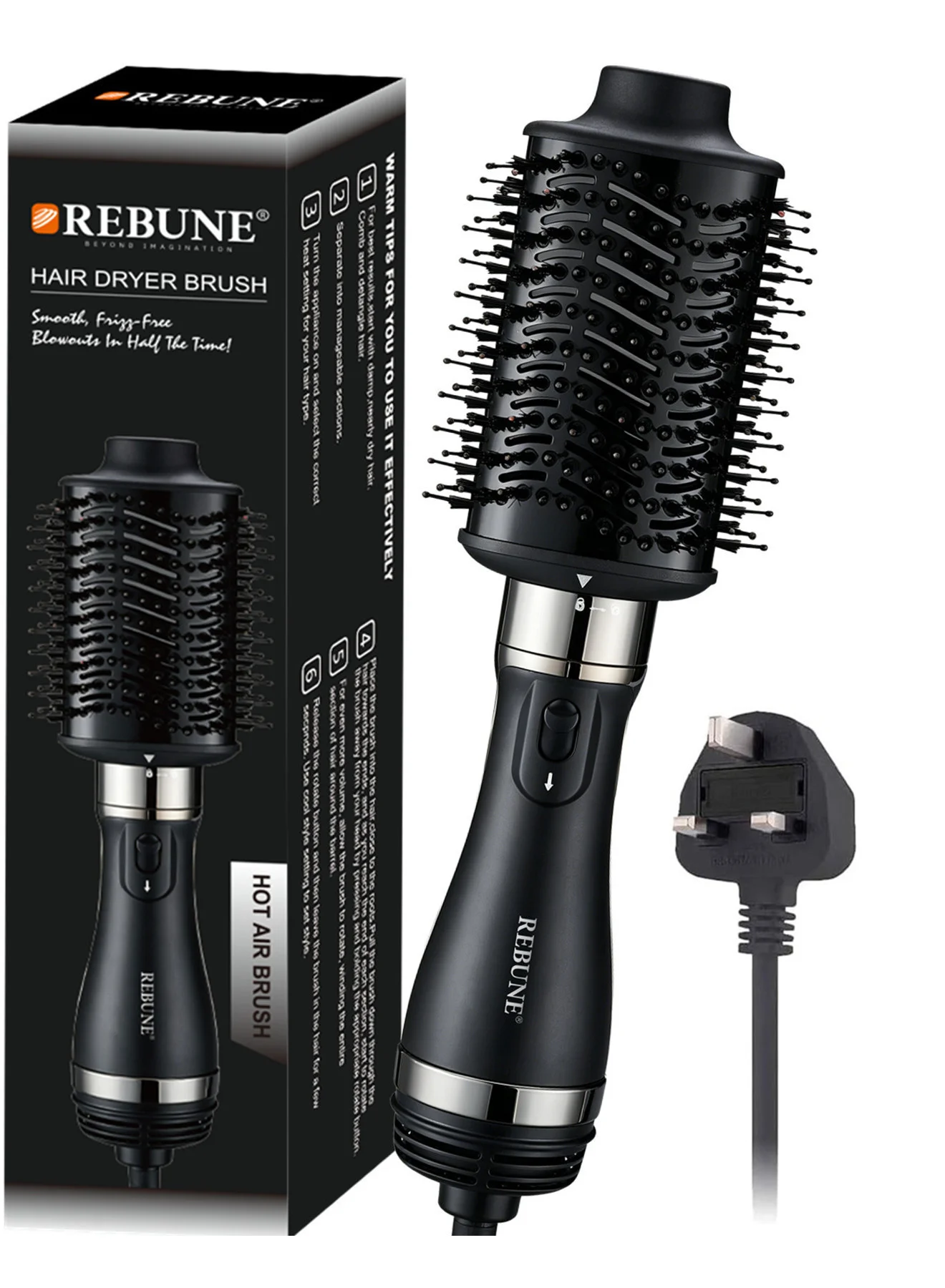 REBUNE Electric Hair Dryer Brush 1200W Detachable One-Step Volumizer and Styler (Black) 5bp1r