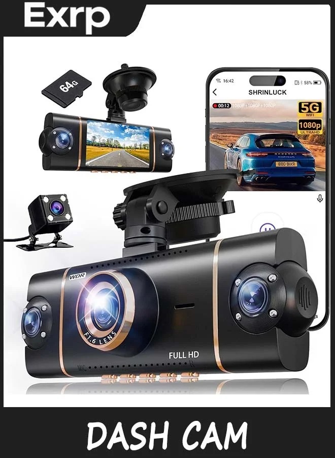 Exrp 4-Channel 360¡ã Dash Cam FHD Car Camera System with 5GHz WiFi and 64GB SD Card (Black, 1 Unit) 7jke4