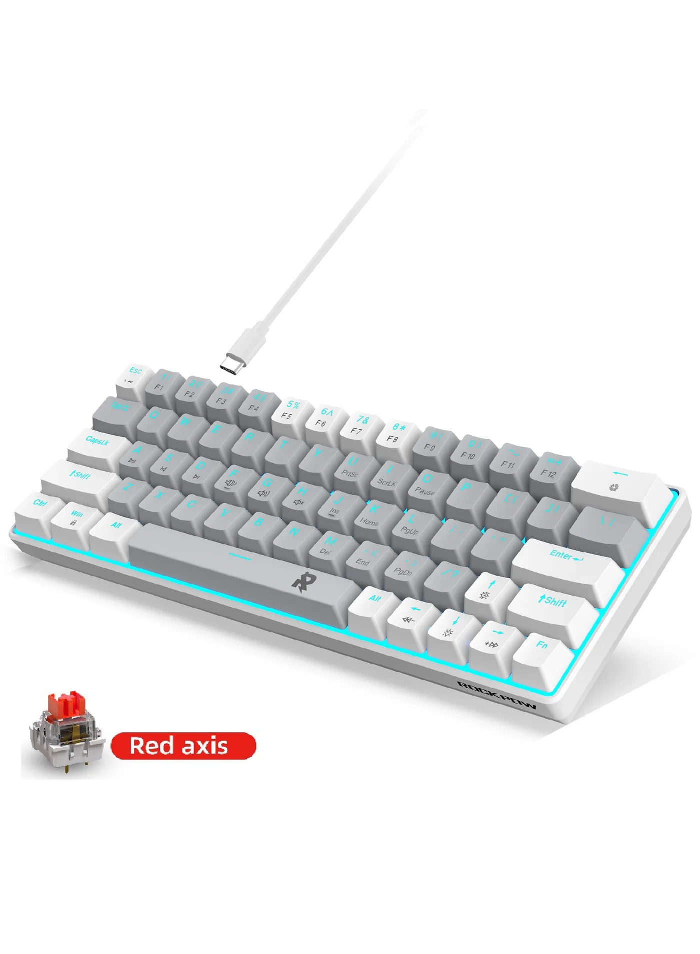 ROCK POW 60% Wired Mechanical Gaming Keyboard, Ultra-Compact 63-Key Layout with Ice Blue Backlight, Red Switch for PC and Mac (63 Keys) yv3wz