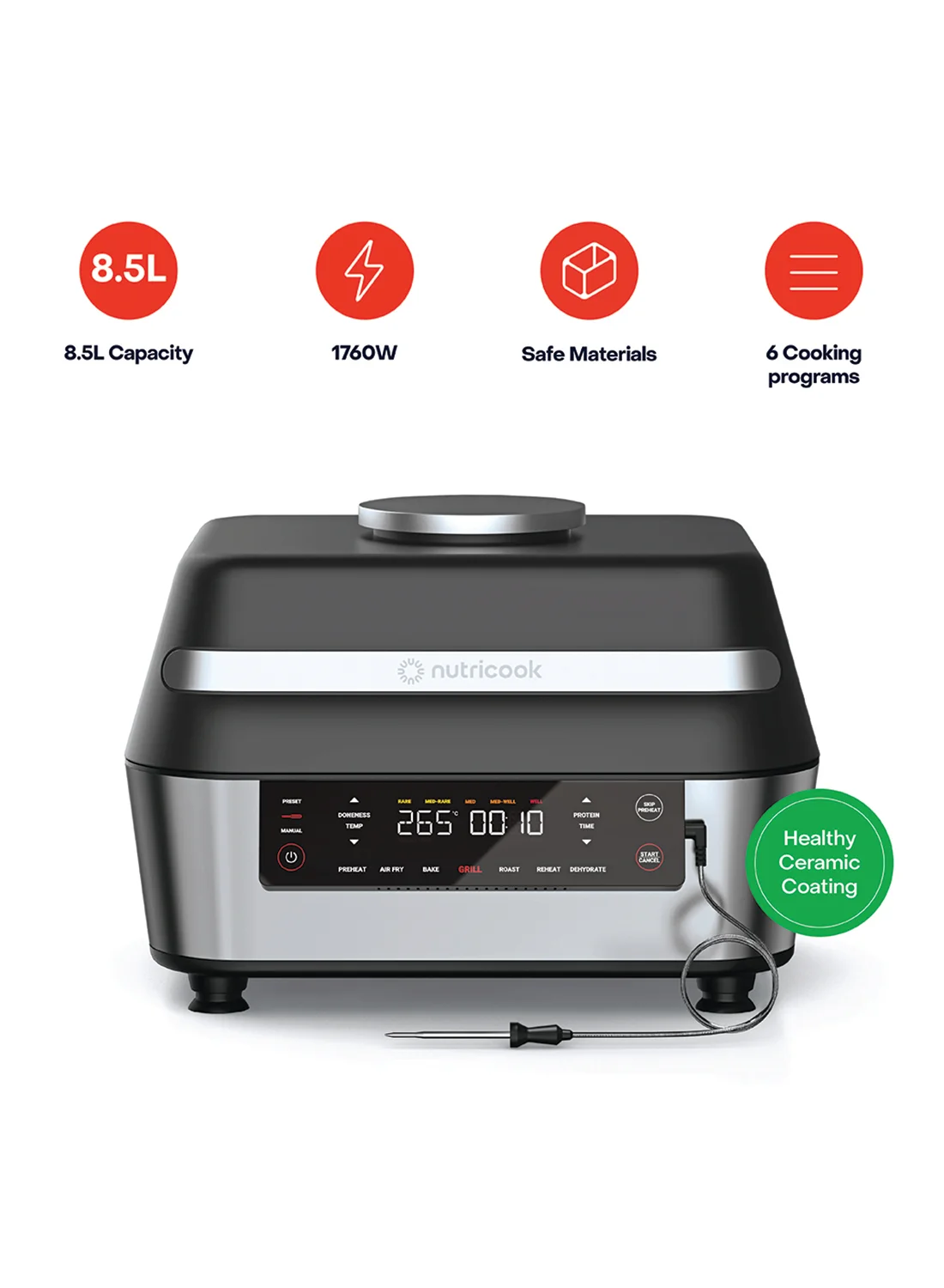 Nutricook Smart Air Fryer Grill XL with Built-in Thermometer, 7-in-1 Digital Cooking Functions (Black/Silver, 8.5 L) rgf7t