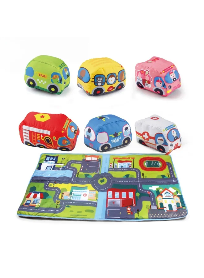 MyToys Soft Fabric Vehicle Playset with City Road Map and Sensory Squeeze Cars (7-Piece Set) yfx75