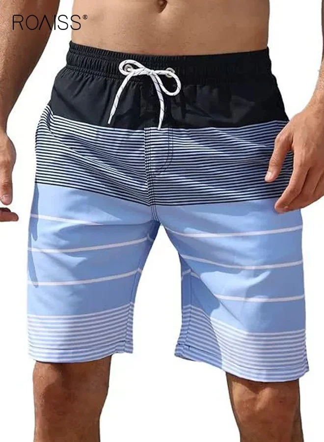 Roaiss Men's Striped Beach Shorts Four-Way Stretch Quick-Dry Athletic Swim Trunks with Drawstring Waist (Blue, Large) s4ywe