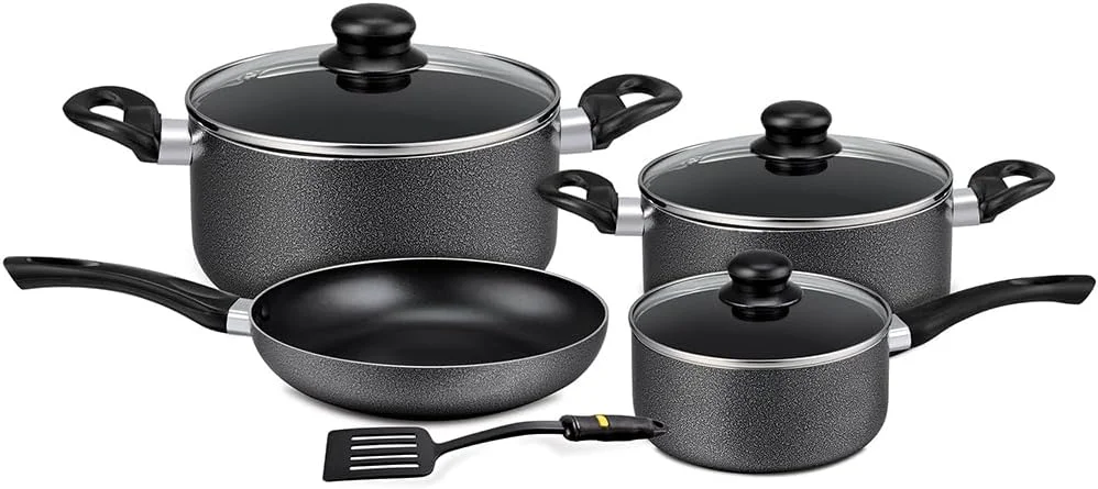 Royalford 8-Piece Non-Stick Cookware Set Premium Aluminum Pots and Pans with Heat-Resistant Bakelite Handles (Black, 8-Piece) 2wui5