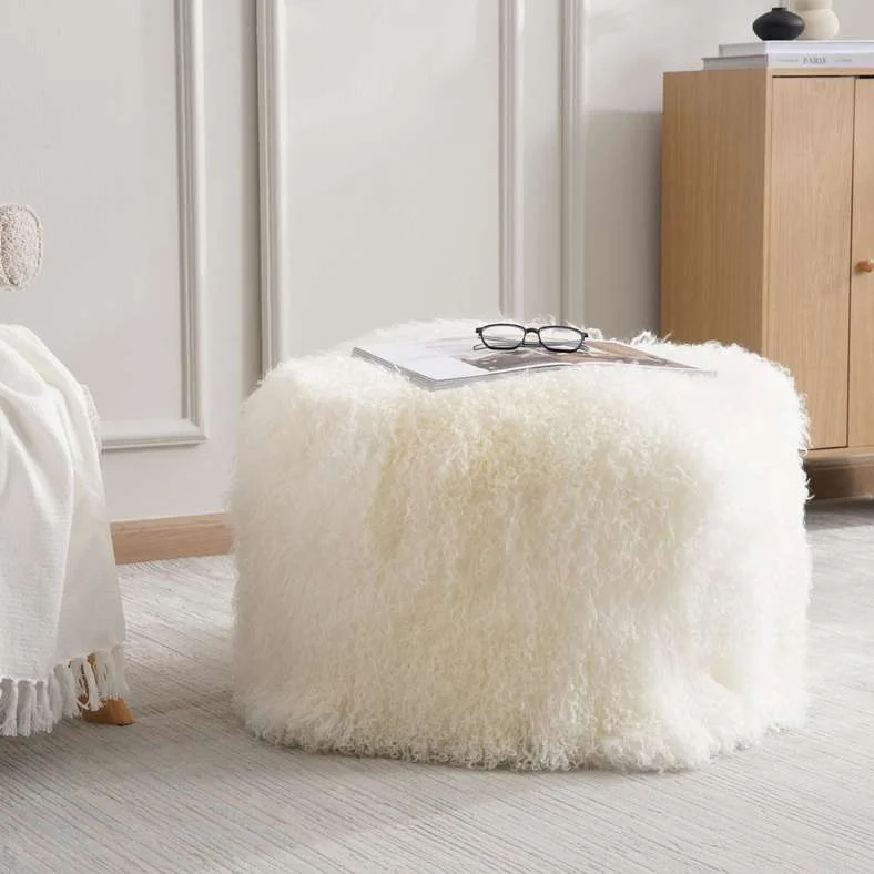 Pan Home Mongolian Fur Pouf Premium Decorative Footstool (Ivory, 45x45x40cm) 3moee
