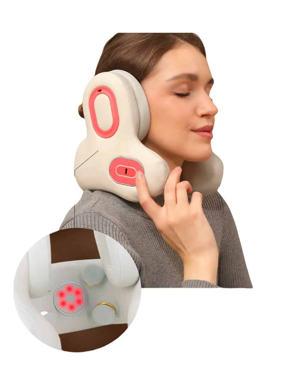 MOCOM 3-in-1 Travel Neck Pillow with Bluetooth Headphones, Heated Massager & Memory Foam Support (Ergonomic U-Shape, Adult) v3iw2