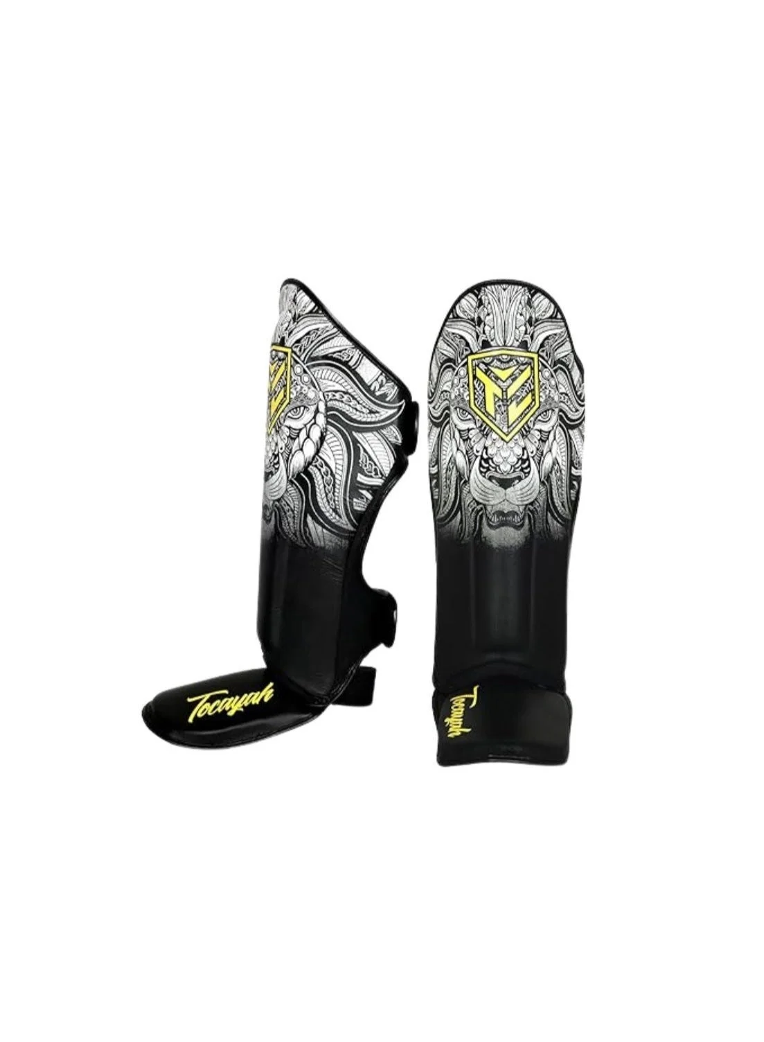 Tocayah White Lion Shin Guards Premium Leather MMA Kickboxing Gear with Foot Protection and Adjustable Straps (White, Adult) c7l7c