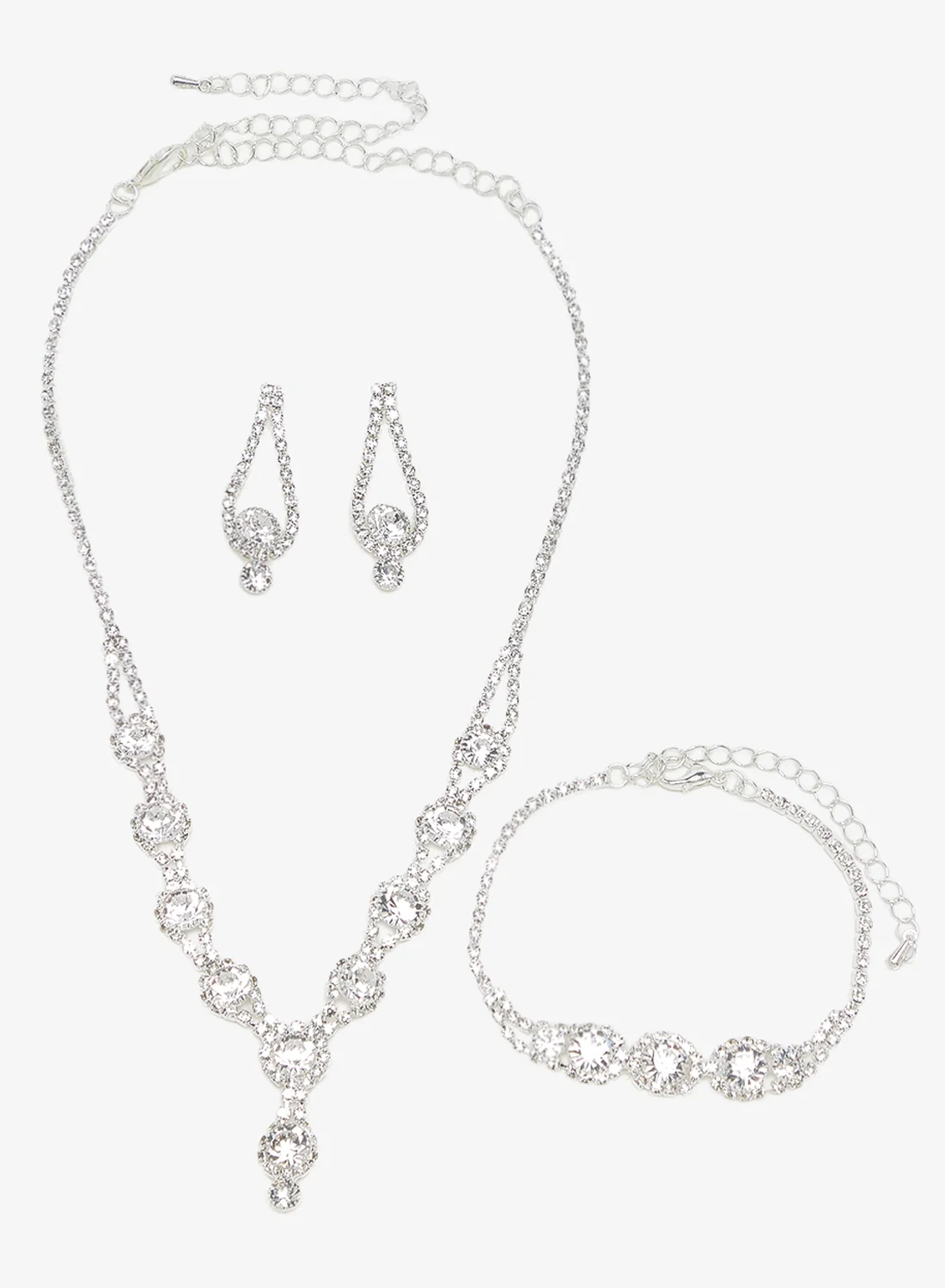 ELLA Silver Drop Down Diamante Rhinestone Jewelry Set (Necklace Earrings Bracelet) Premium Elegant Accessory for Women nbm6v