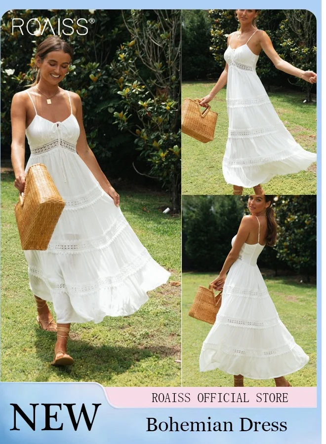 Roaiss Bohemian V-Neck Sleeveless Suspender Dress for Women Premium Hollow Out High-Rise Vacation Maxi Dress (White, One Size) z964w
