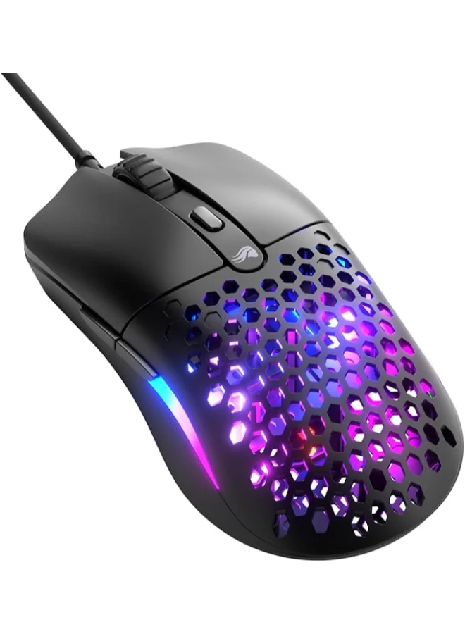 Premium Superlight Wired Gaming Mouse with Honeycomb Shell, 6 Programmable Buttons, RGB Lighting & PTFE Skates (Matte Black) tn9i2