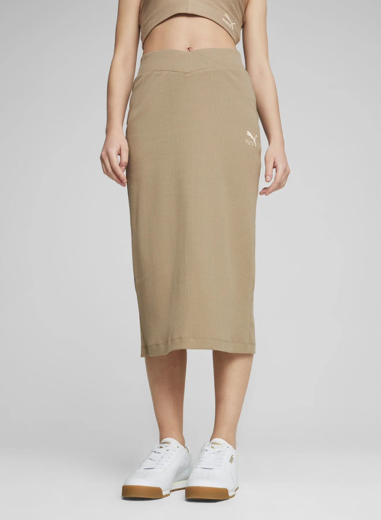Sport Ribbed Midi Skirt Premium Cotton Blend Beige (Women) ynhyy