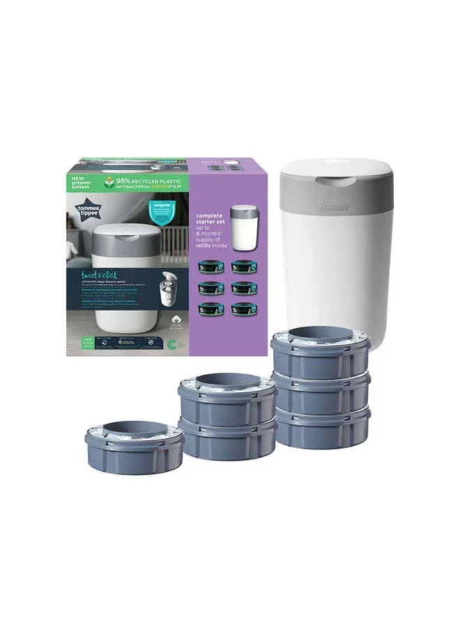 Advanced Nappy Disposal System Starter Set with 6 Refill Cassettes (White, 1 Set) for71
