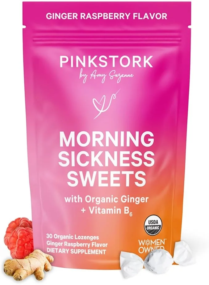 Pink Stork Morning Sickness Sweets Organic Ginger Raspberry Candy with Vitamin B6 for Pregnancy Support (30 Lozenges) qghby