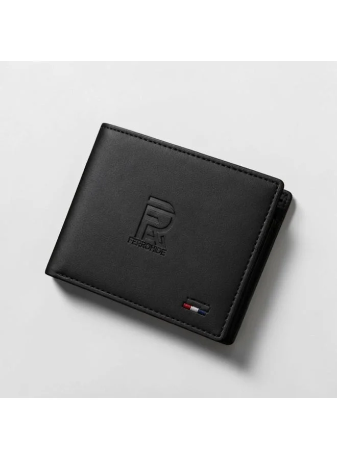 FERROHIDE Slim Leather Wallet for Men, Minimalist Bifold Card Holder with Cash Pocket (Black) 935vk