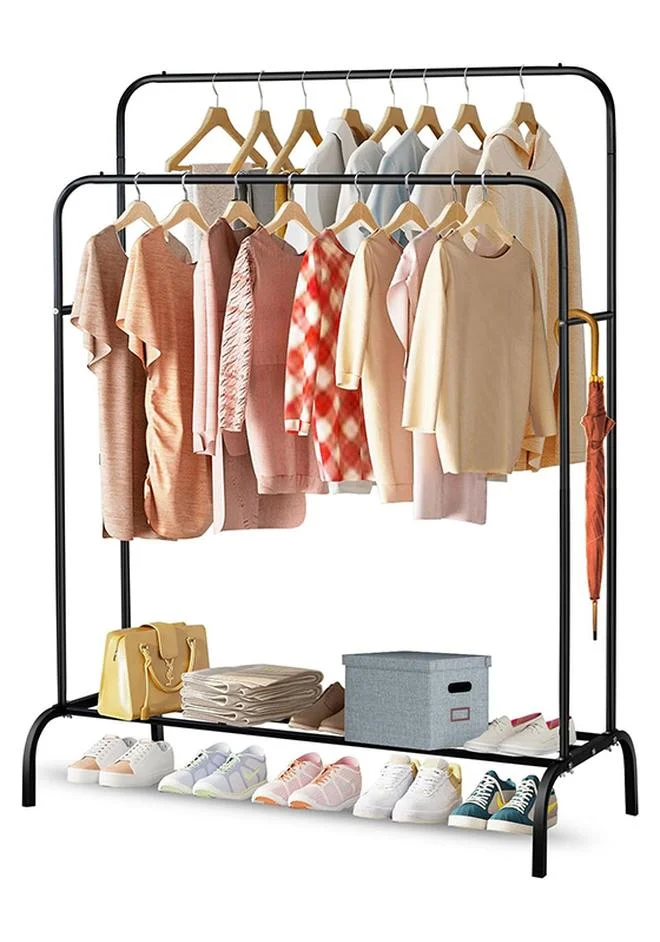 SKY-TOUCH Double-Rail Clothes Rack Heavy-Duty Metal Garment Hanging Rail with Bottom Shelf (Black, 150 cm) yjjeg