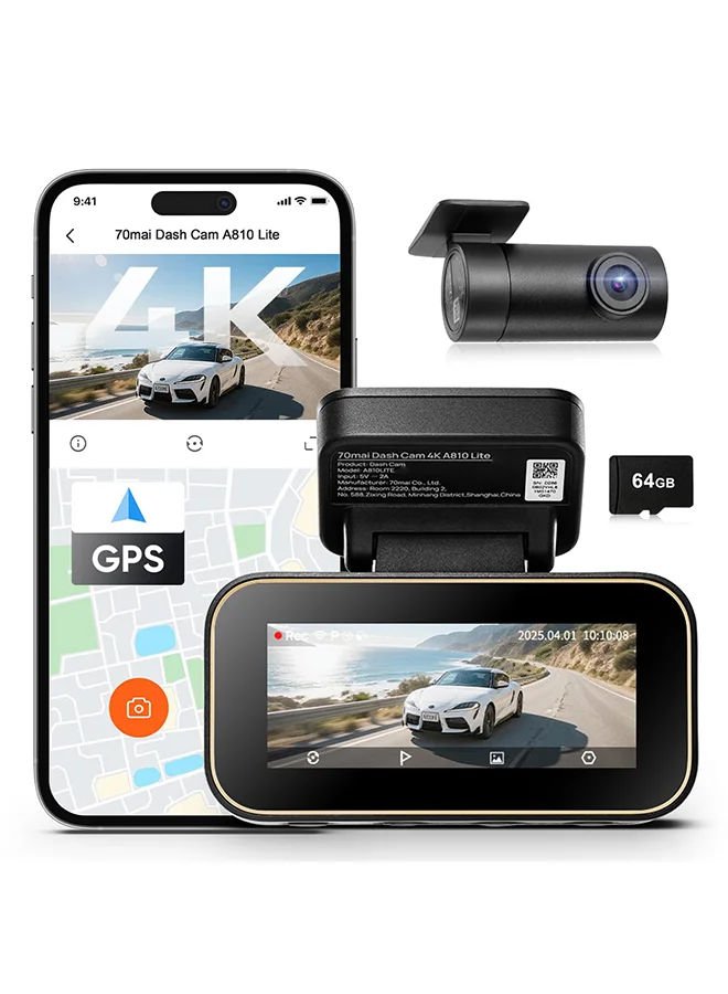 Premium 4K Dual Dash Cam Front and Rear Recording System with Night Vision, GPS, 3.18-inch IPS Display, and 64GB Storage (Black, 1 Unit) 9hxum
