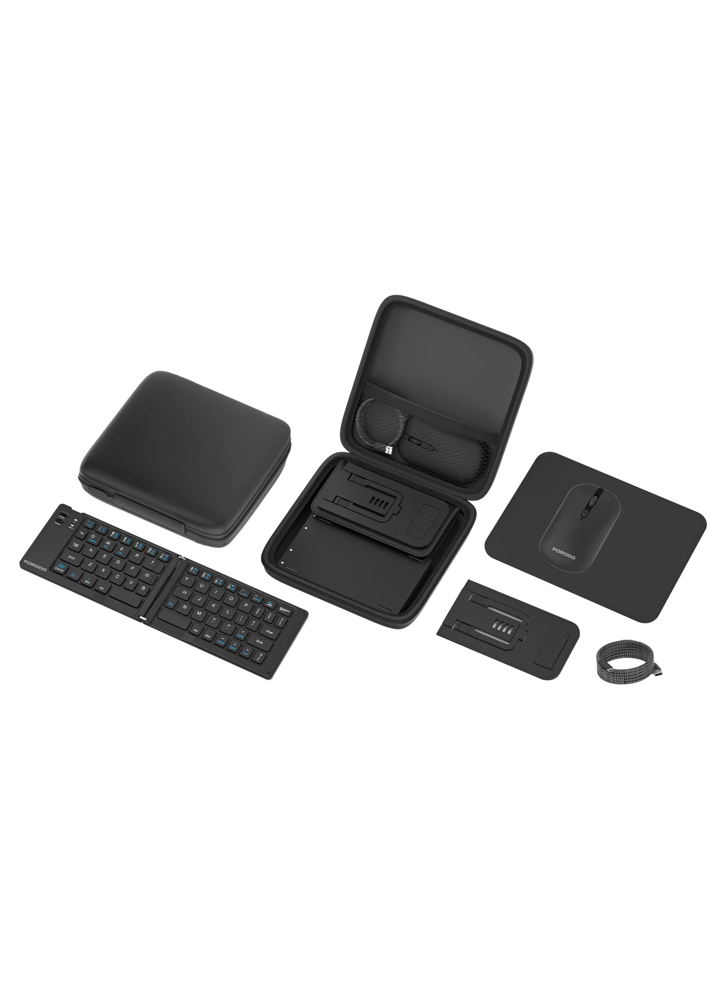 Porodo 6-in-1 Travel Keyboard and Mouse Set with Phone Stand and Carrying Case (Black) fqula