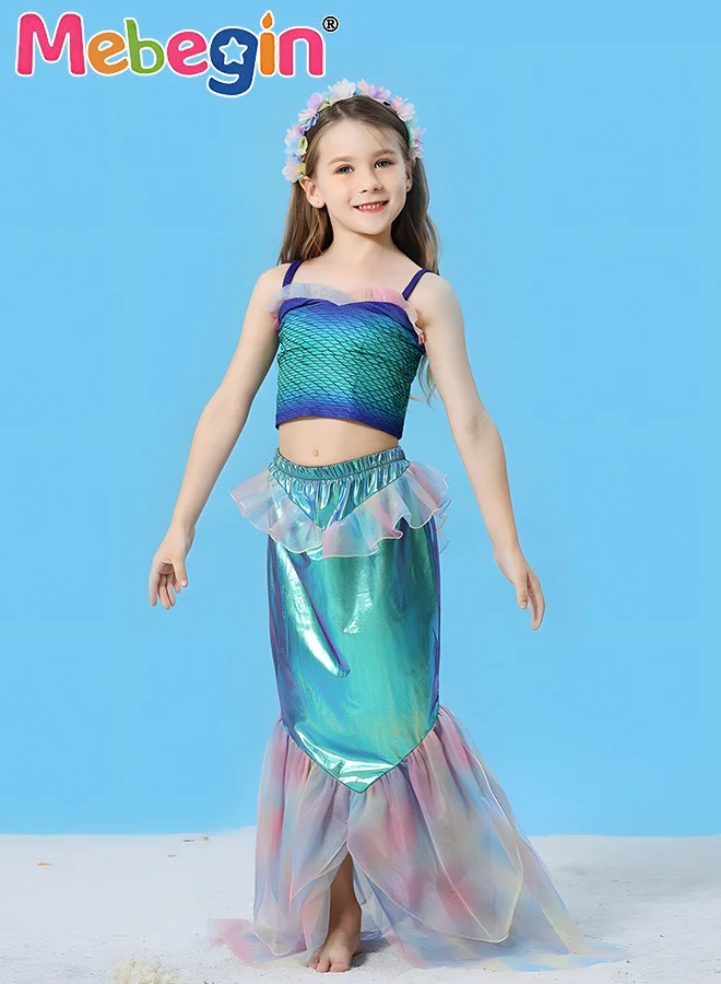 MEBEGIN Girls Mermaid Costume 2-Piece Princess Dress Up Glitter Cosplay Outfit (Multicolor, 120cm) 06aw3