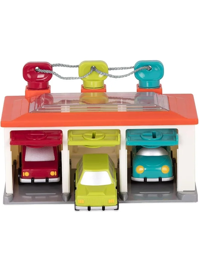 BATTAT Shape Sorting Toy Garage with Keys and 3 Toy Cars (5-Piece Set) 0sxji