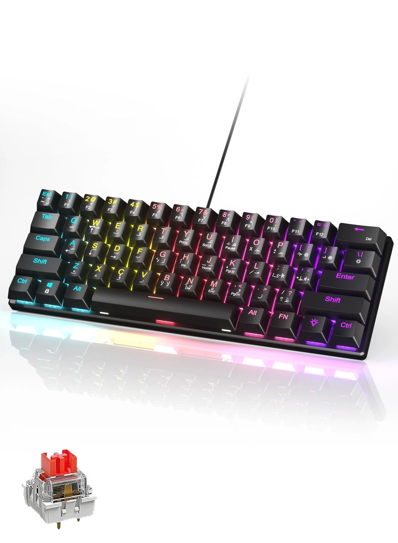 UCHUANG 61-Key Mechanical Keyboard English Arabic Layout Red Switch Wired Compact Gaming Keyboard for PC Mac (Black, 61-Key) x2pn1