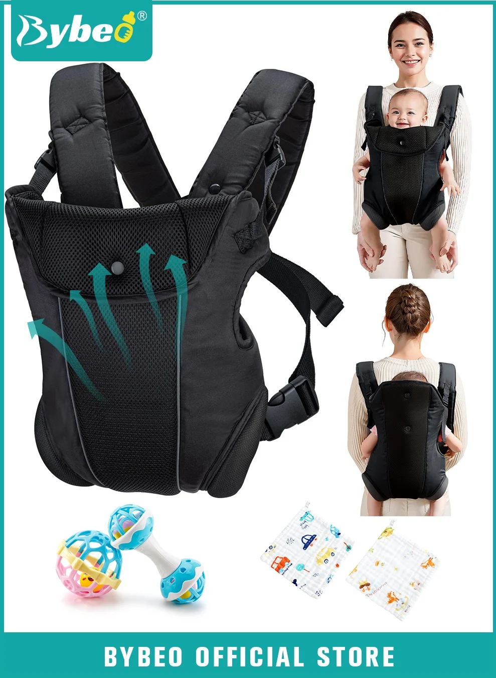 Bybeo Ergonomic Baby Carrier Wrap Set with Bibs and Rattle Toys (Adjustable, Newborn to Toddler) drhbf