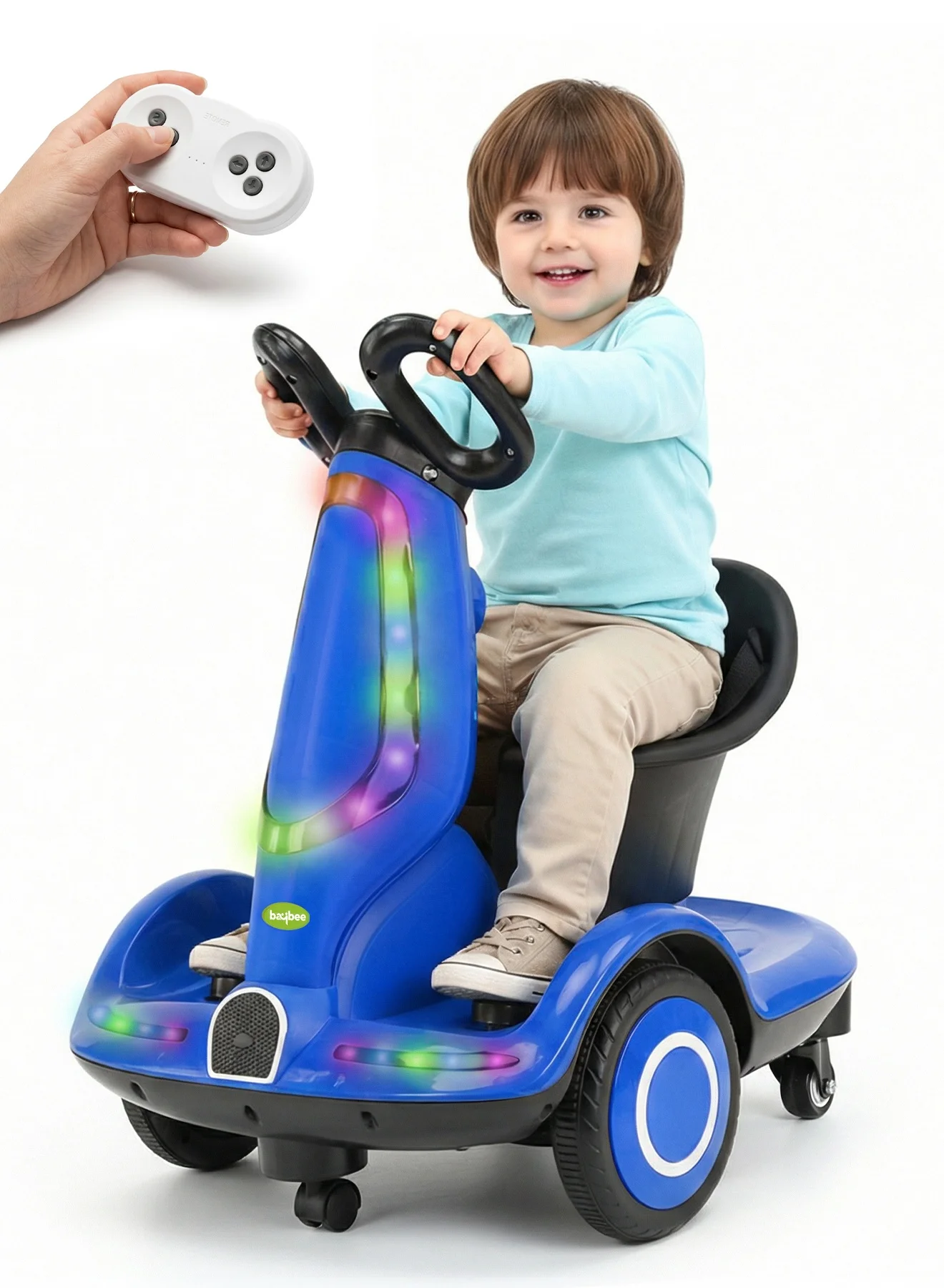 BAYBEE 4-Wheel Electric Ride-On Scooter with 360¡ã Rotation, LED Lights & Music (Blue, Kids) nig0z