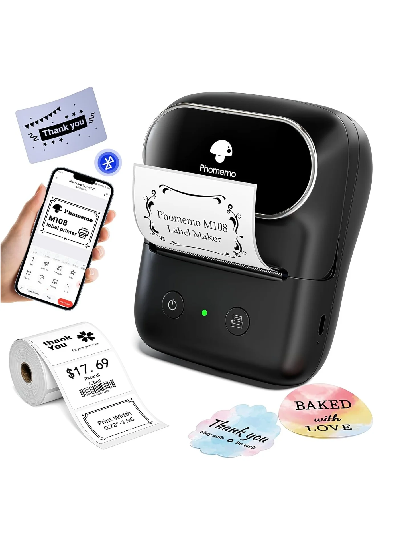 Portable Thermal Label Printer Bluetooth Wireless Barcode Maker for Home and Office (Black, 2 Inch) zkk9e
