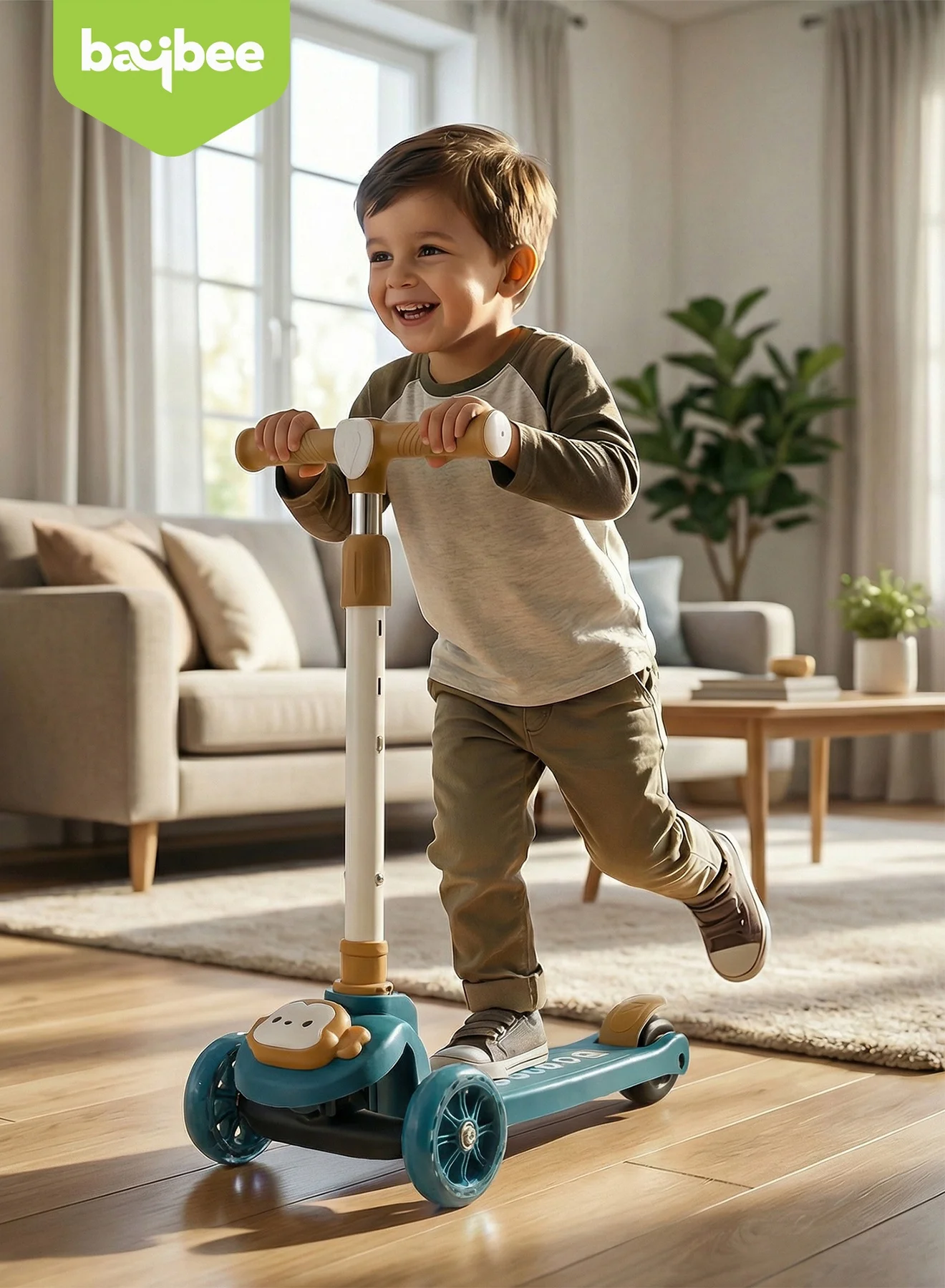BAYBEE Penguin 3-Wheel Kick Scooter with LED Lights and Adjustable Height (Green, 50kg Capacity) ng034