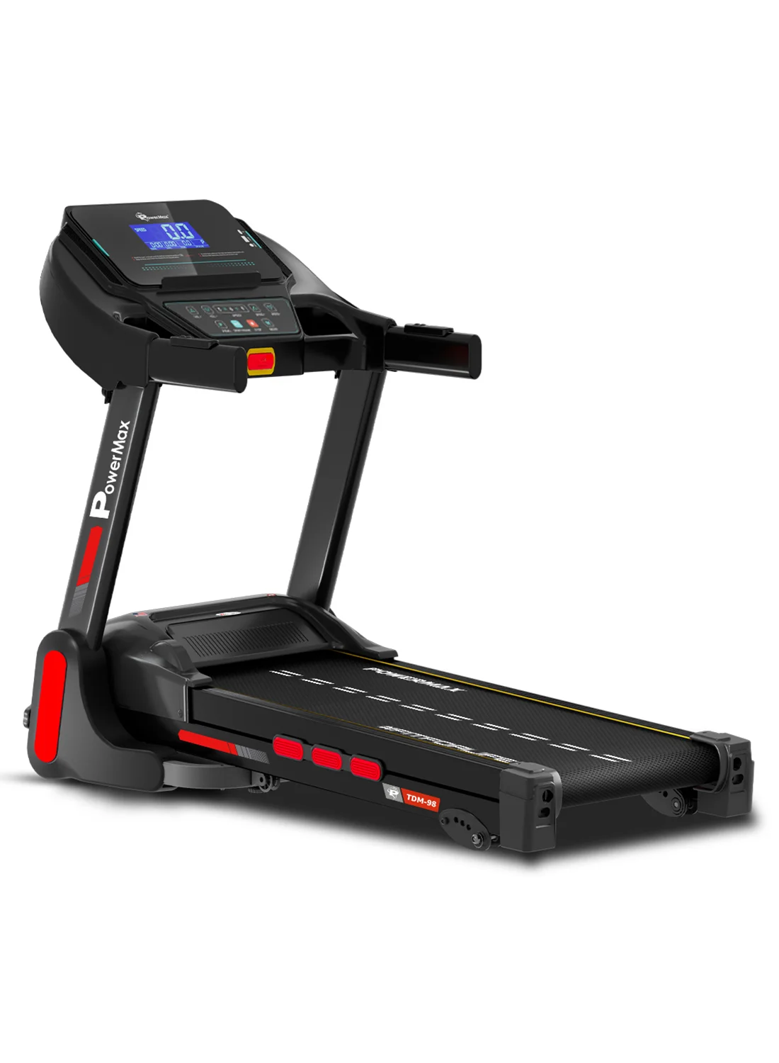 PowerMax Fitness Motorized Foldable Treadmill with LED Display and Heart Rate Sensors (Black, 110kg Capacity) l6h17