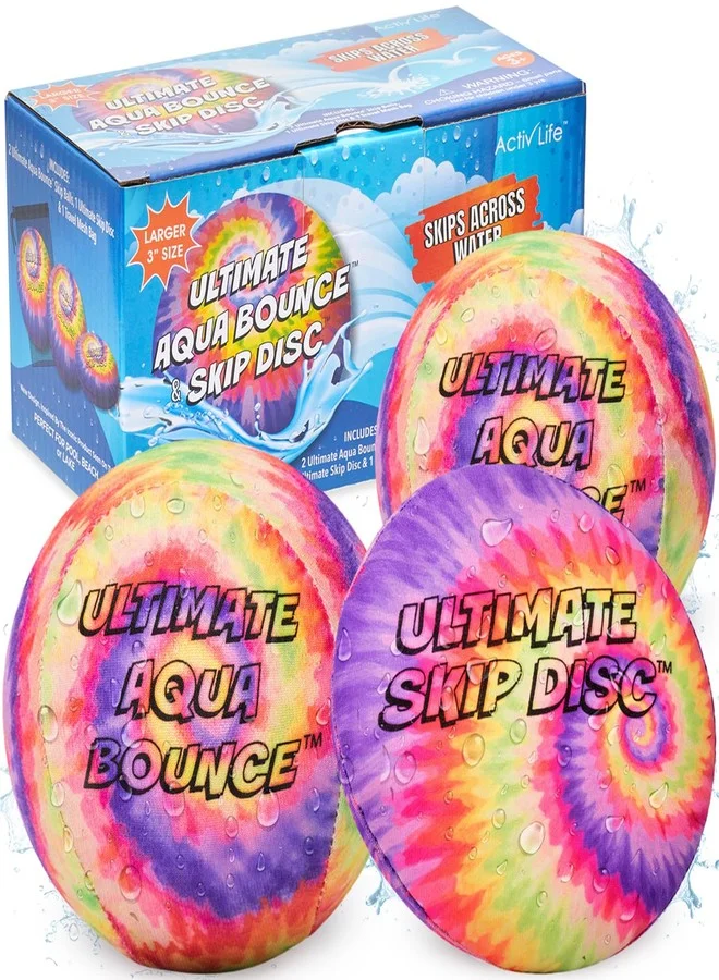Water Bouncing Ball and Disc Set (Tie-Dye) - Premium Summer Outdoor Activity Toy for Beach, Pool and Lake Games (7.6 cm, 3-Piece Set) 7efol