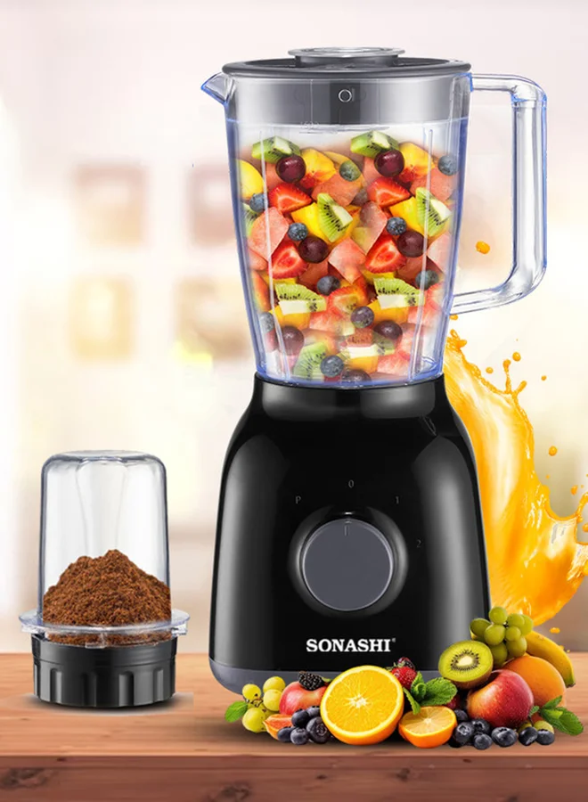 Sonashi 2-in-1 Blender and Smoothie Maker with Unbreakable 1.25L Jar and Stainless Steel Blades (Black, 1.25 L) imsfu