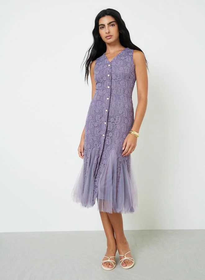 Styli Purple Lace Sleeveless Mermaid Hem Midi Dress Elegant Evening Wear for Women j5ppd