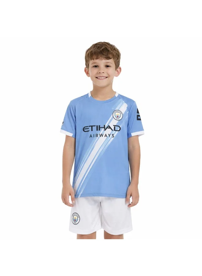 Premium Kids Soccer Jersey Set Breathable Football Uniform Short Sleeve T-Shirt and Shorts (Blue, 120 cm) kc1lj