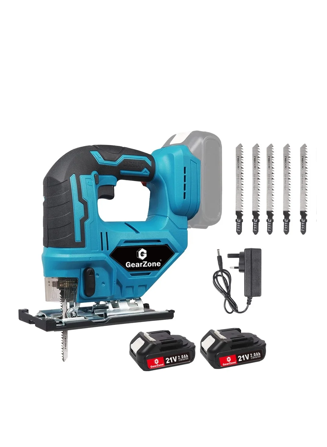GearZone Cordless Wood Jigsaw Power Tool with 2 Batteries and 5 Saw Blades (Professional Woodworking Kit) g74m9