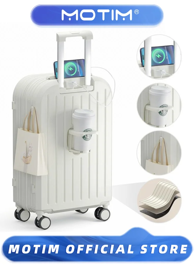 Motim Aluminum Framed Carry-on Luggage with Spinner Wheels, USB Port, Cup Holder, and Phone Holder (Large) v3evv