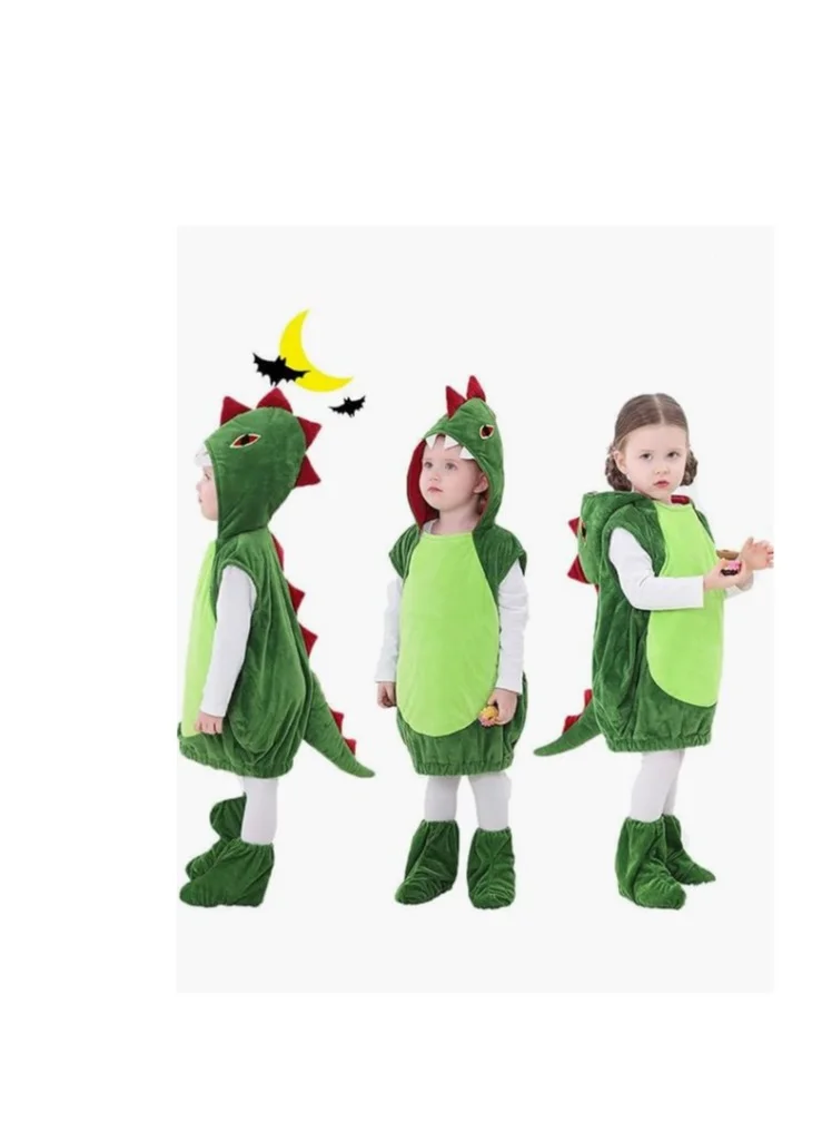 Premium Dinosaur Cosplay Jumpsuit for Kids - Soft Animal Fancy Dress Outfit with Shoe Covers for Halloween and Christmas Parties (Size L) 6opv8