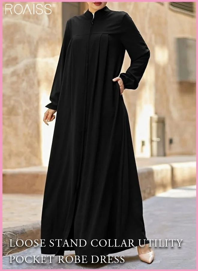 Roaiss Women's Muslim Standing Collar Abaya Dress Premium Solid Color Long Sleeve Robe with Zipper Closure (Black, One Size) jzw7f