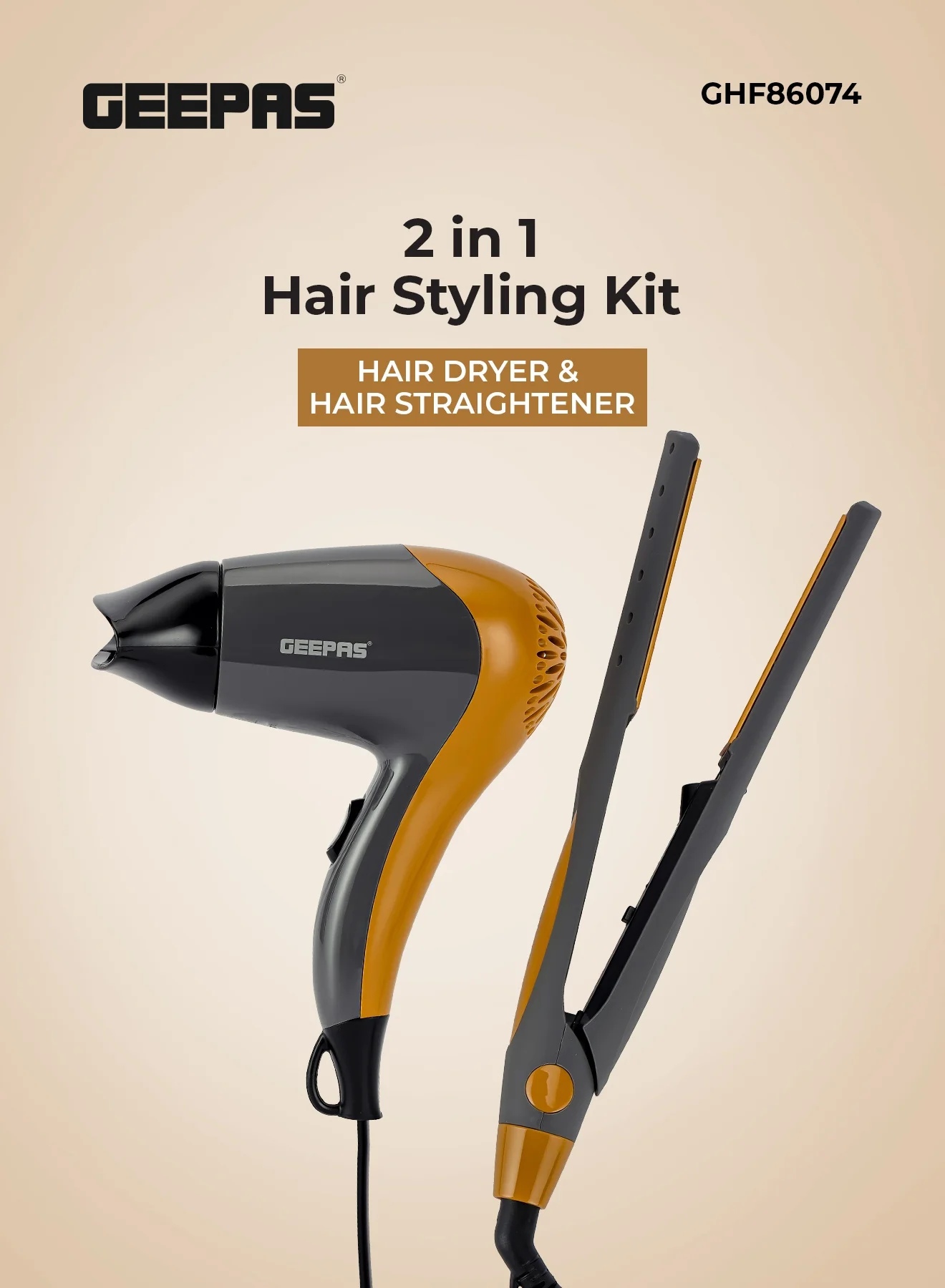 Geepas Hair Dryer and Straightener Combo Set with Ceramic Coating Plates and Concentrator Nozzle (2-in-1 Professional Styling Tool) m391t