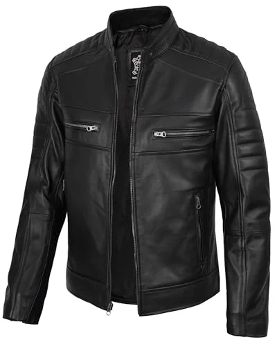 Premium Cafe Racer Leather Jacket for Men Genuine Motorcycle Biker Outerwear (Black, Large) potil