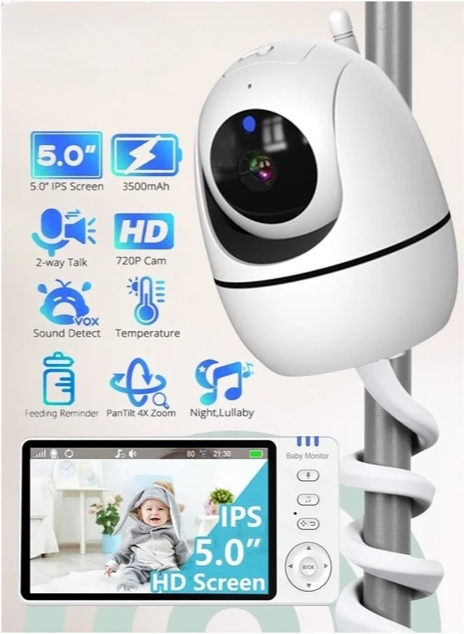 WALALLA Baby Monitor with Camera and Night Vision 5 Inch 720P HD IPS Screen (2-Way Audio, VOX Mode, Temperature Alert, 2000mAh) e5uig