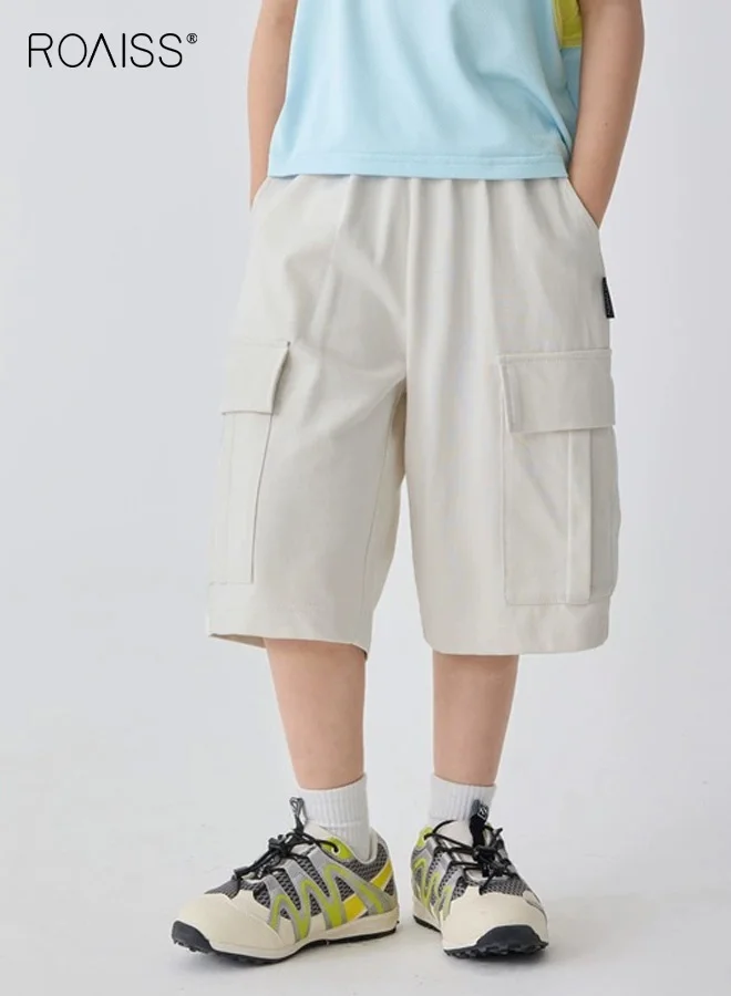 Roaiss Boys Summer Cargo Shorts, Quick-Dry Moisture-Wicking Casual Utility Pants with Elastic Waist (Khaki, 140 cm) 1769e
