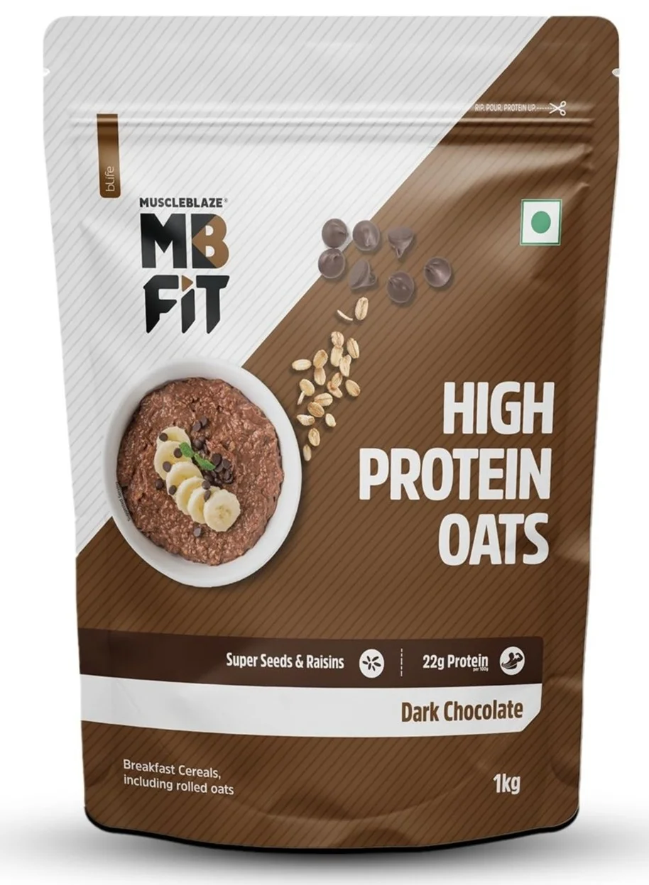 MUSCLEBLAZE High Protein Rolled Oats Dark Chocolate (22g Protein, 1 kg) Premium Breakfast Cereal for Fitness Enthusiasts 9esb1