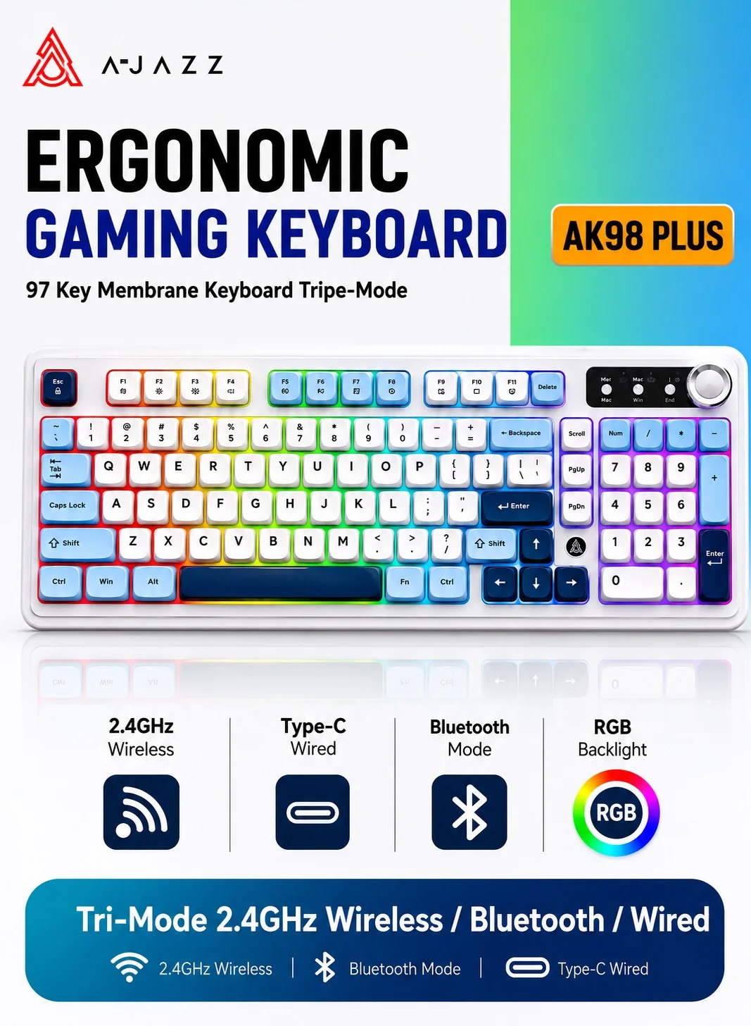 A-jazz AF98 PLUS Tri-Mode Wireless Membrane Keyboard 97-Key Compact Layout with Numpad RGB Backlit (Black, 4000mAh) a3f0q