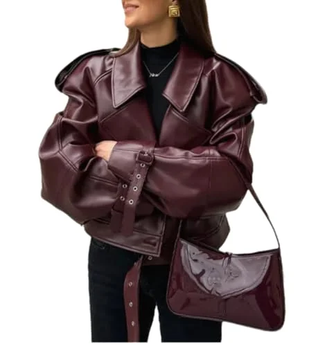 THLAI Womens Retro Motorcycle Jacket Premium PU Leather Long Sleeve Casual Coat (Black, Medium) bu1tp