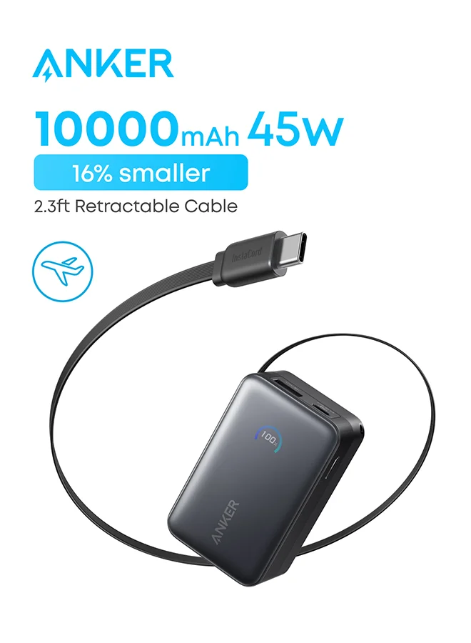 High-Speed 10000mAh Nano Power Bank Portable Charger with Retractable Cable (Black, 10000mAh) eb92t