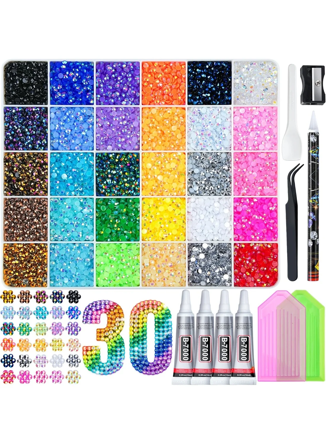 ATRJSZ Resin Jelly Rhinestones Kit, 30 Colors Flatback Gems with Jewelry Glue and Application Tools (40000 Pieces, 3mm) ky1t3