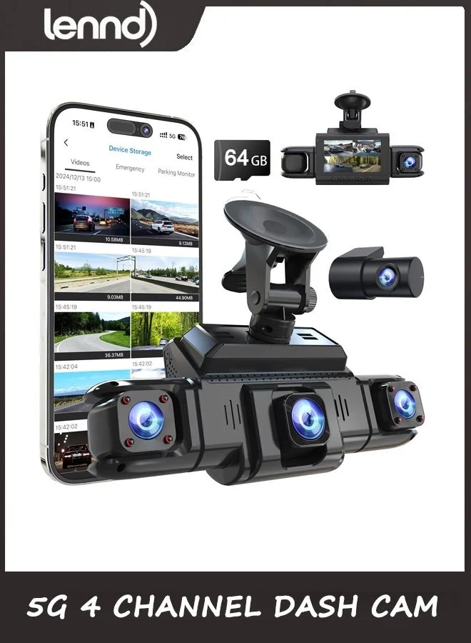 LENND 4-Channel Dash Cam 360 Degree Surround View Front Rear Interior Camera with GPS 5G WiFi and 64GB Card (Black, 1 Unit) xlkum