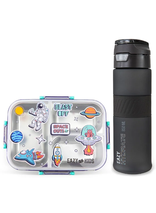 Eazy Kids Stainless Steel Bento Lunch Box Set with Tritan Water Bottle (Space Out, 850 mL) 97cby