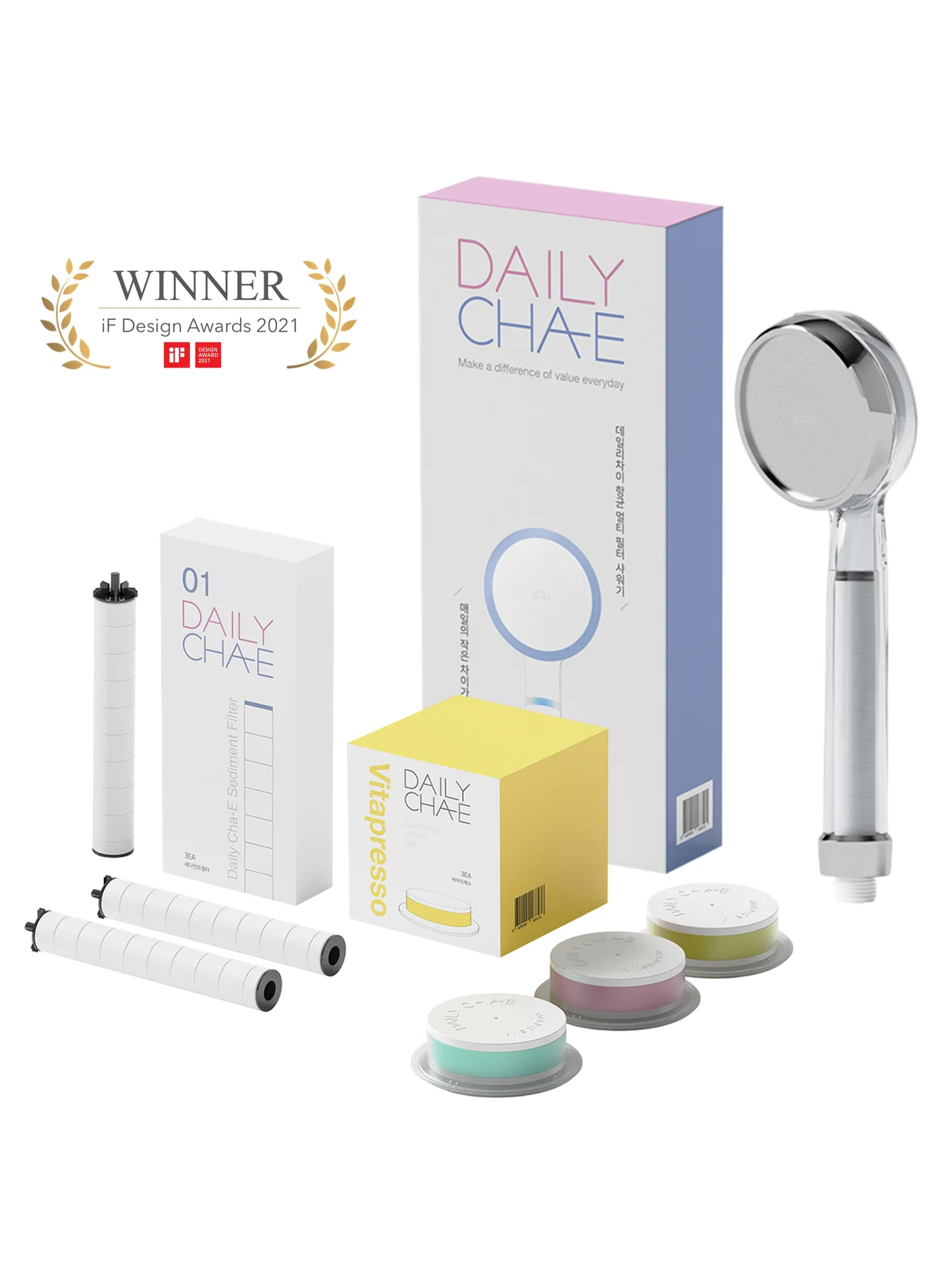 DailyCha-E Premium Korean Shower Head and Twin Filter Set with Vitamin Capsule (1 Set) sfva9