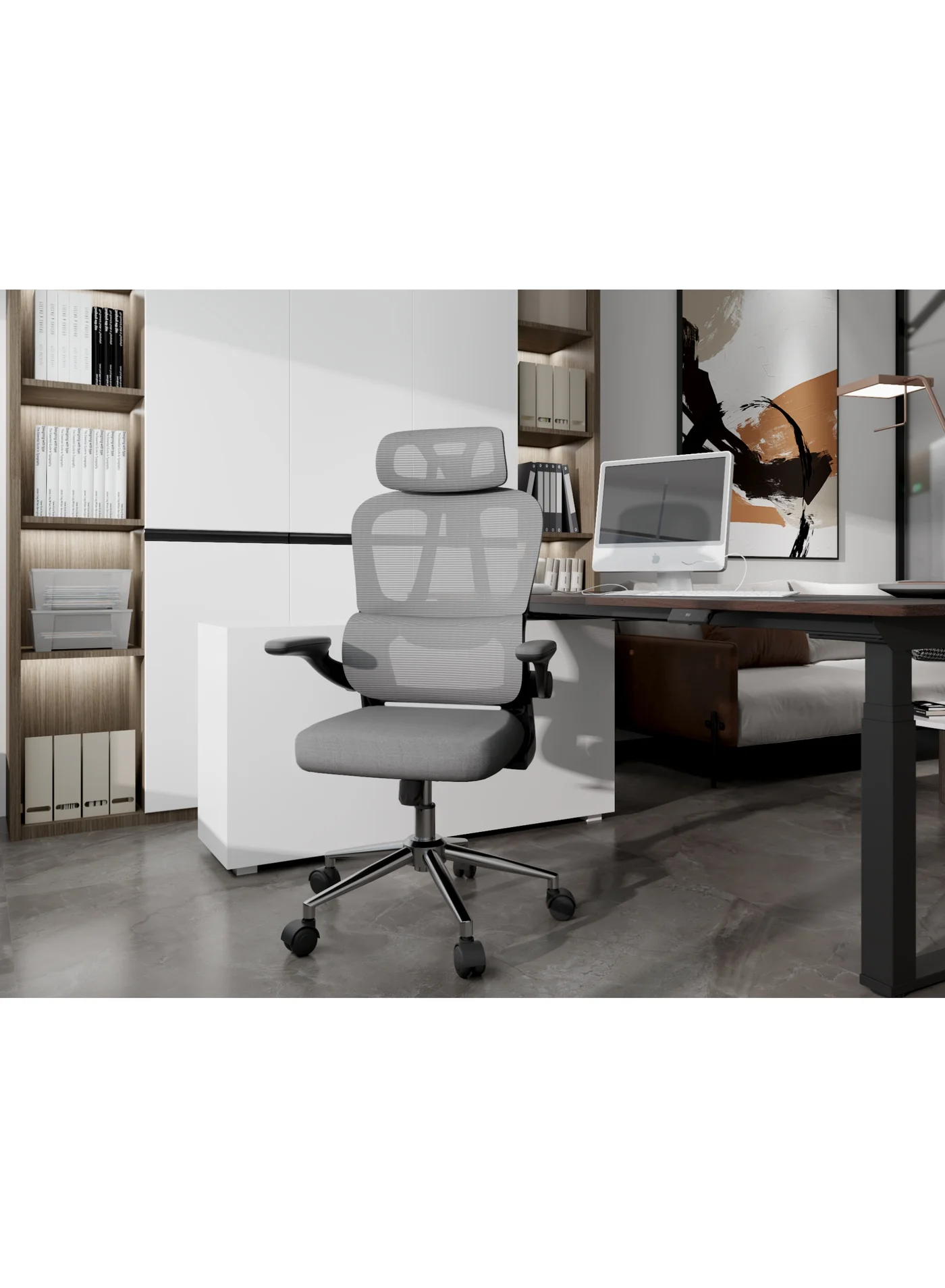 Premium Ergonomic Office Chair with 2D Headrest, Dynamic Lumbar Support & Folding Armrests (Grey, 120-Degree Recline) ujvkz